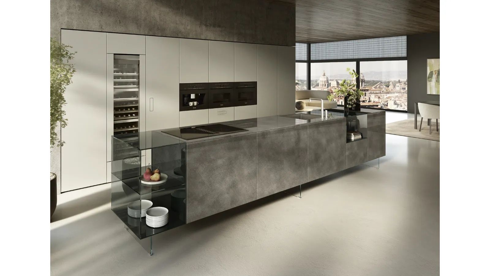 Cucina Design con isola 36e8 Project 2812 in vetro di Lago