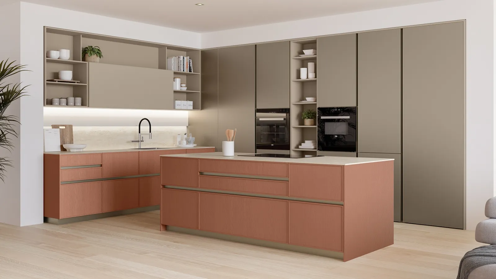 Cucina Moderna con isola Sakura 03 Laccato opaco Frassino Rosso Babila e laccato Alabastro di Veneta Cucine